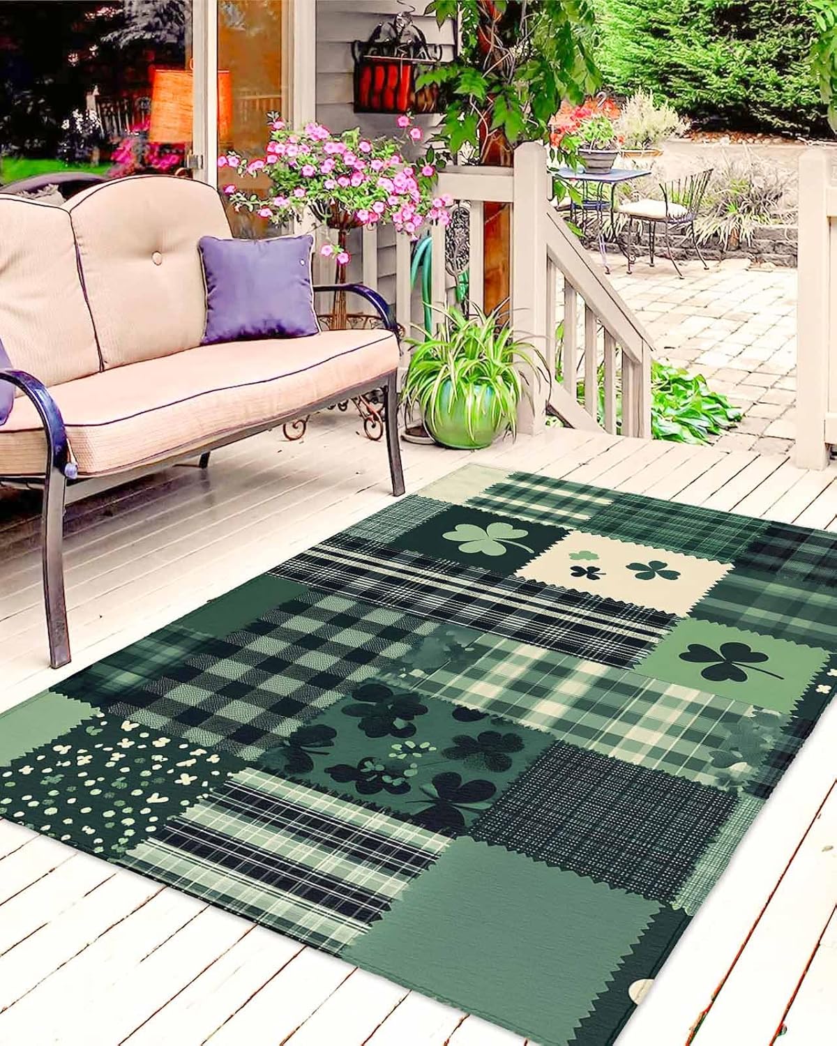 St Patrick's Day Outdoor Rug 4x6 ft Green Theme Outdoor Large Area Rug Non Slip Pastoral Plaid Style Front Door Mat RV Carpet Patio Outdoor Rugs for Backyard Balcony Indoor Holiday Spring Decor