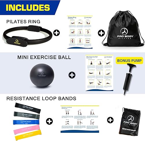 Vista 3 de ProBody Pilates Ring Set with 14-Inch Magic Circle Ring, 9-Inch Exercise Ball, 5 Resistance Bands, Pump, Training Guides, & Storage Bag for Core