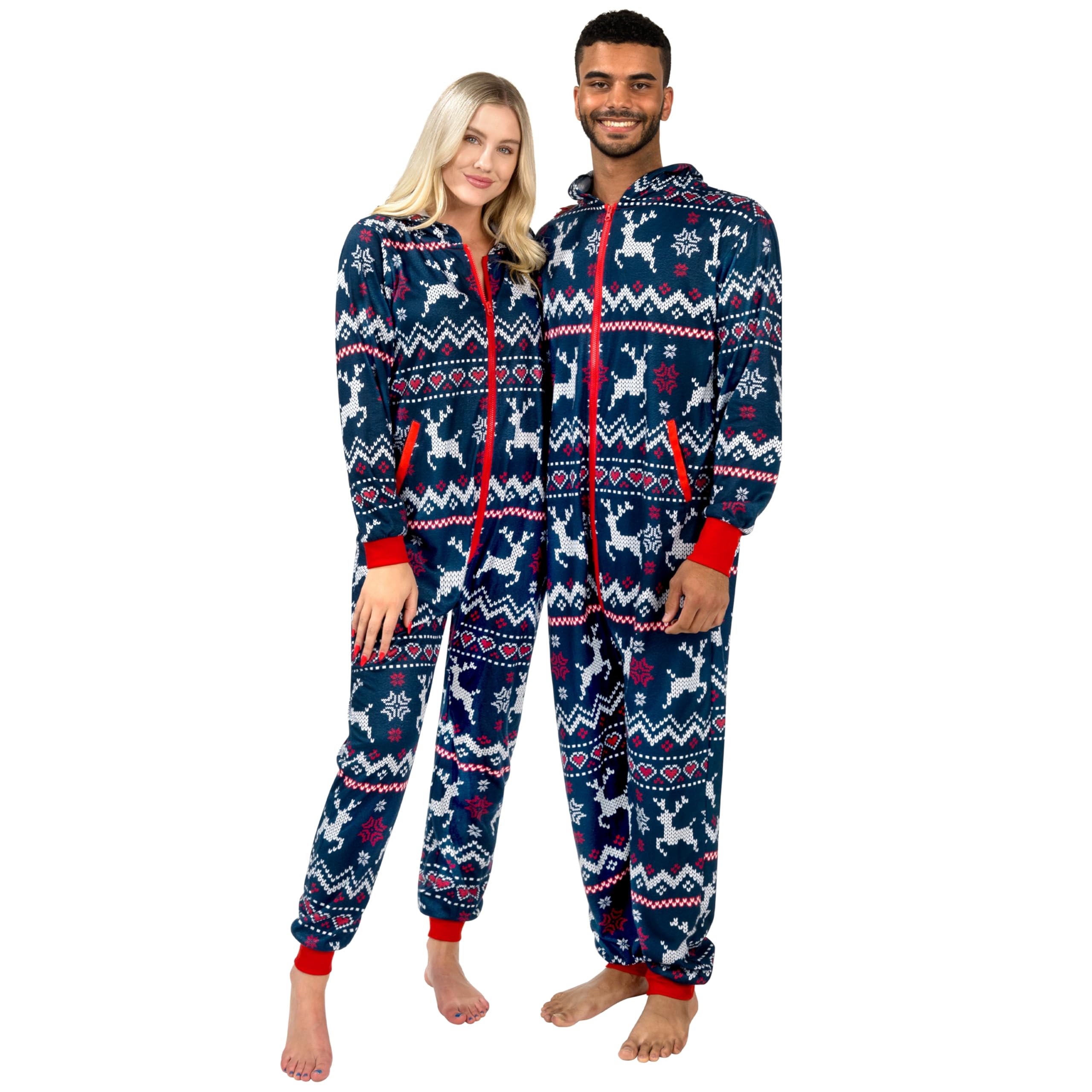 Matching Pajamas for Couples, Christmas Pajamas for Women and Men, Hooded Zipper Warm Jumpsuits, 1Pcs