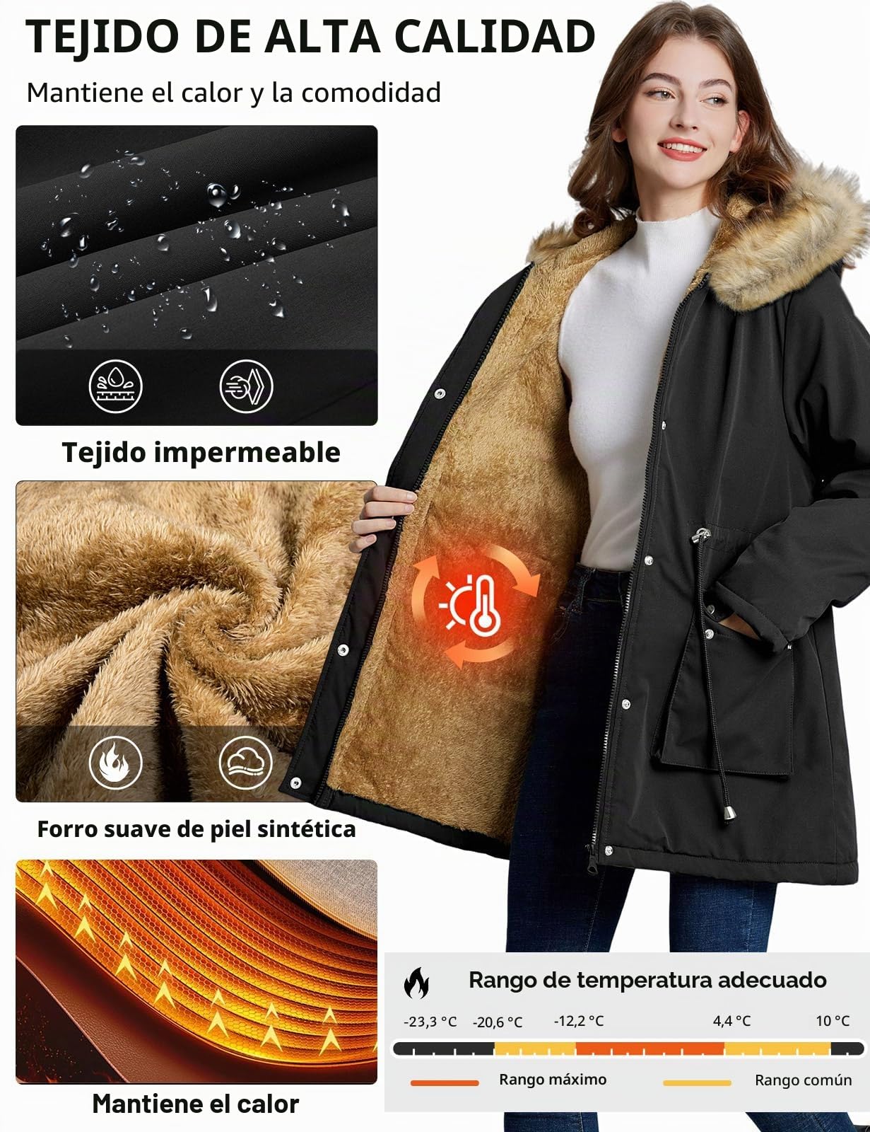 heekpek Abrigo Largo Mujer Invierno Impermeable Cálido Parka Mujer Cremallera Gruesa Forro Polar Chaqueta de Invierno Mujer con Bolsillos y Capucha