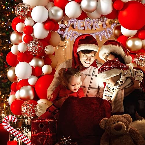 Miniatura 6 de Janinus Kit de arco de guirnalda de globos de Navidad, globos de Navidad con globos de confeti rojo, verde y dorado y caja de regalo de Navidad de