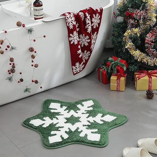 Miniatura 2 de Alfombra de baño de copos de nieve, decoración de invierno para baño, tapete con forma de nieve roja y blanca, sala de estar, dormitorio, cocina,