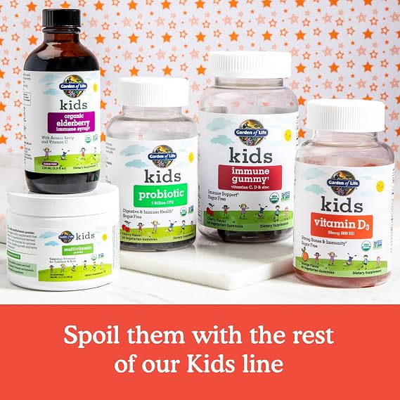 Garden of Life Kids Organic Vitamin D3 Gummies with 800 IU (100% Daily Value) for Strong Bones, Teeth, Brain & Immunity Non-GMO, No Gluten, Vegetarian, Sugar Free, Orange Flavor, 60 Servings