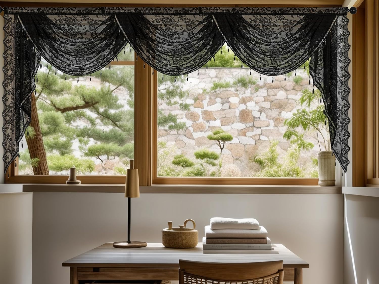 vctops Lace Beaded Waterfall Valances for Windows Floral Vintage Swag Valance Sheer Kitchen Window Curtains Over Sink Curtain Valance for Living Room Bedroom Bathroom Cafe (Black,98"x41")