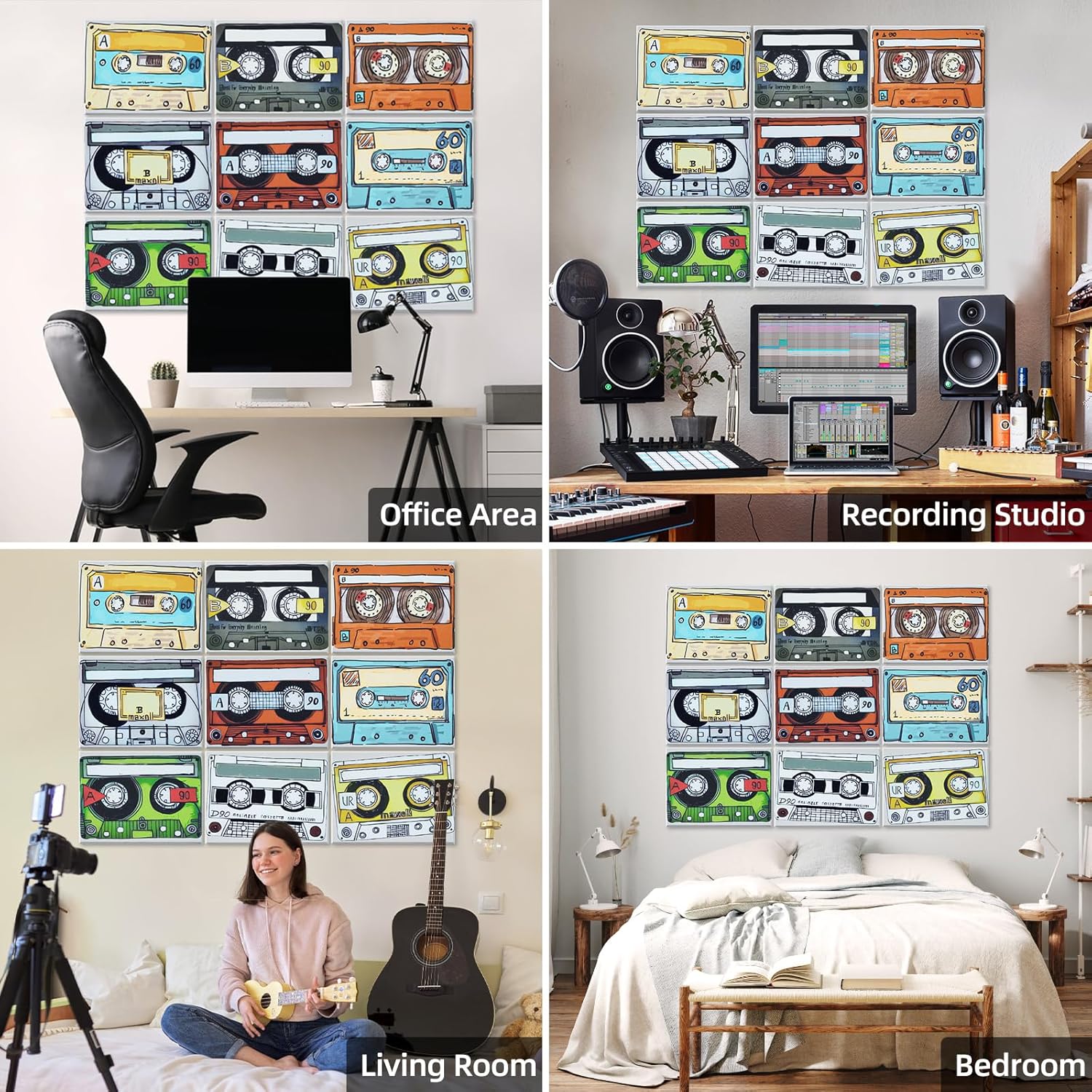 Tutmyrea 9 Pack Art Acoustic Panels, 48"X36" Self-Adhesive Sound Absorbing Panels, Decorative Soundproof Wall Panels, Acoustic Treatment for Studio Home ​Office (Vintage Colorful Tape)