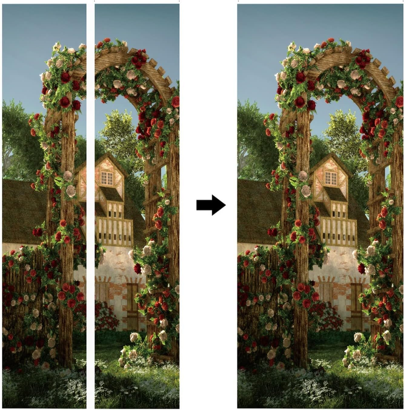 A.Monamour 3D Door Stickers for Interior Doors an Arch of Red and White Roses in Garden Vinyl Waterproof Self Adhesive Door Mural Decals for Bedroom Office Bathroom 85 x 200 cm