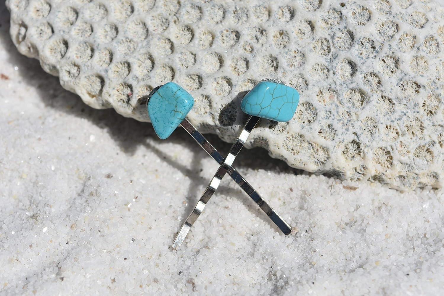 Turquoise Stone Hair Clip Set - Includes 2 Hair Combs, 1 60 mm French Barrette, 2 Hair Pins