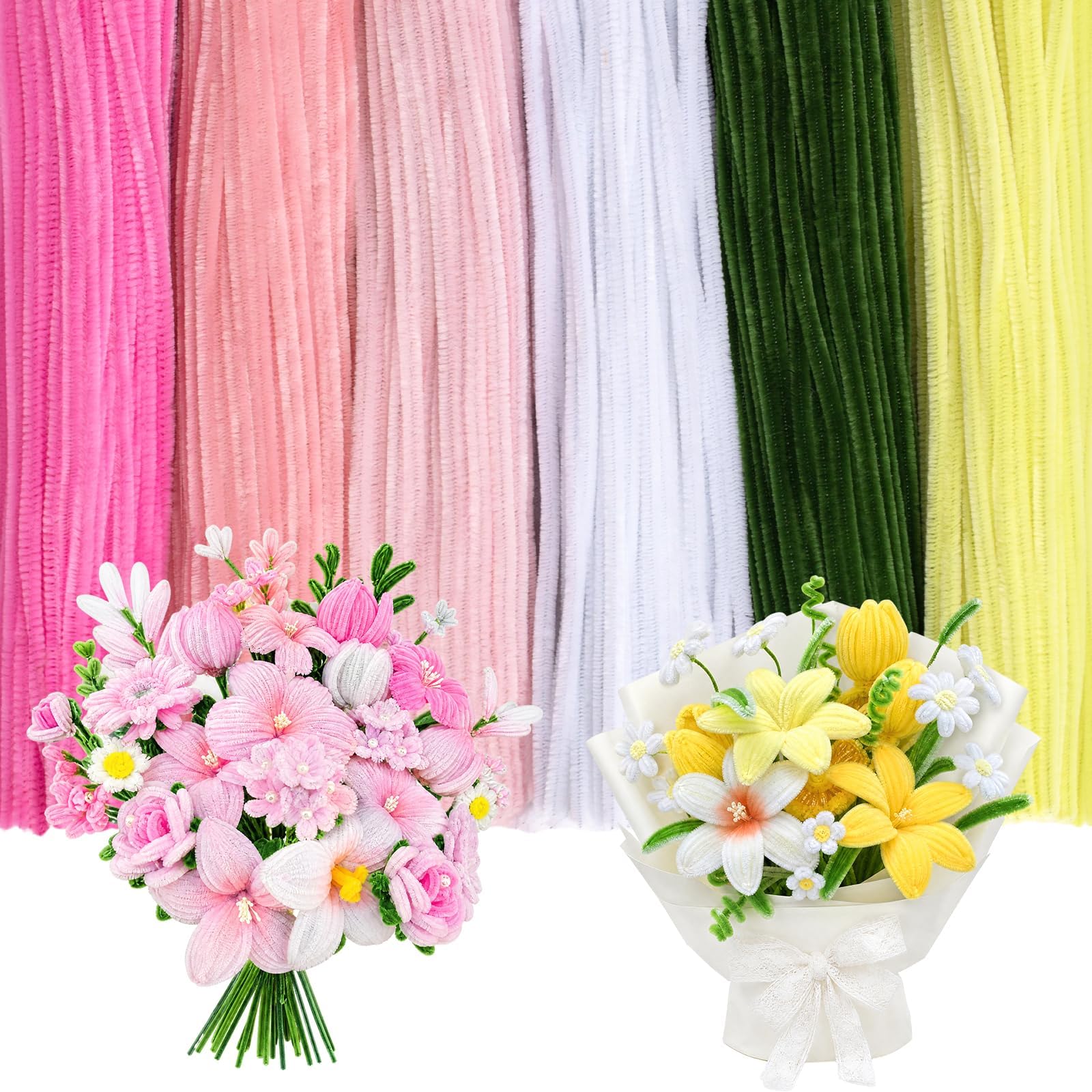 Peryiter 500 Pcs Pipe Cleaners for DIY Flower Bouquets, Chenille Stems for Graduation Bouquet Crafts, Fuzzy Sticks for Handmade Flowers, DIY Gift, Art Projects(Pink Flower,12 Inch)