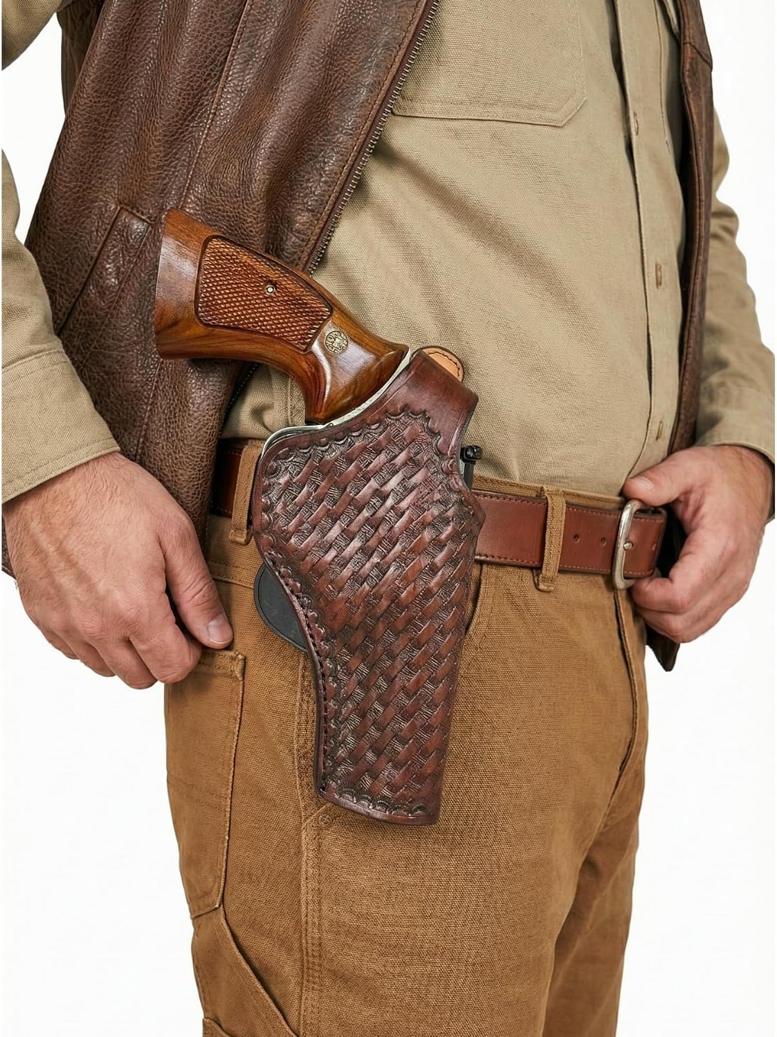 Basket Weave Leather Paddle Holster Fits Colt Python or Colt King Cobra, Premium Leather, Thumb Break - ShnLeather