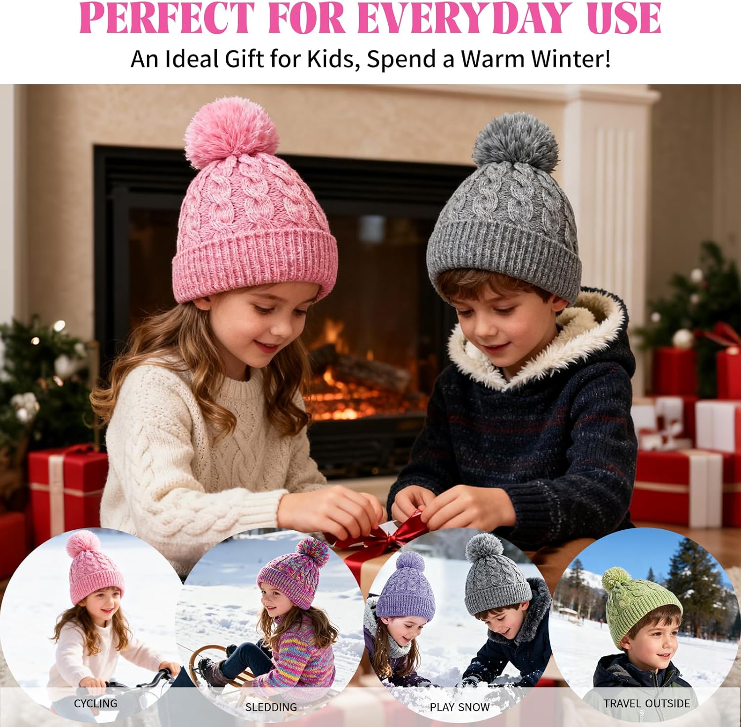 Kids Winter Hat Warm Fleece Beanie with Pom Pom Thick Knit Cap Gifts for Girls Boys 3-8 Years - Image 6