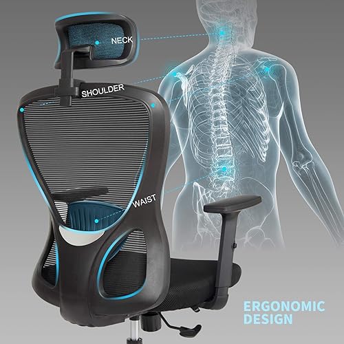 Miniatura 8 de IWMH - Silla de oficina de malla, silla de escritorio ergonómica con reposabrazos y reposacabezas ajustables, cojín de malla, respaldo alto con