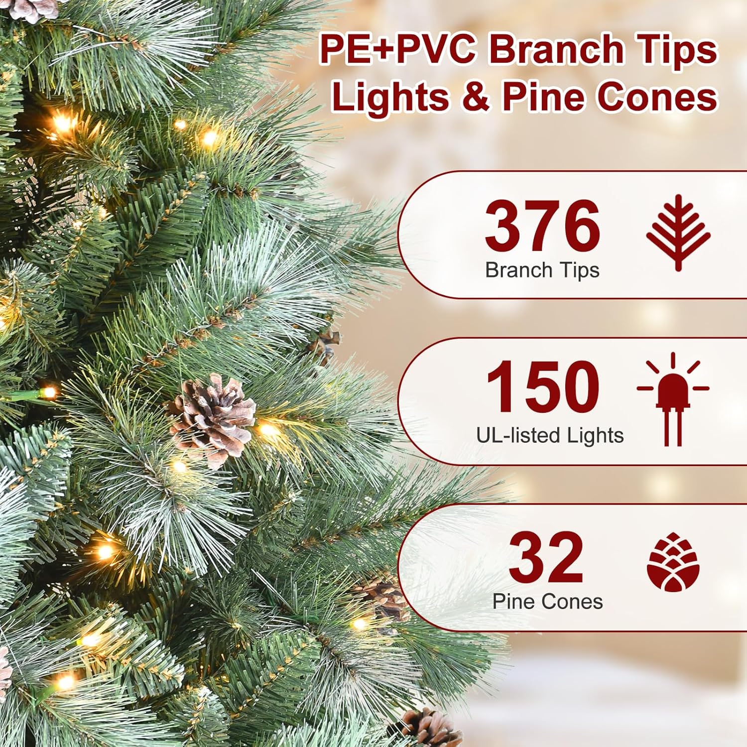 Blusxwish 4ft Snow Tips Prelit Christmas Tree with Pine Cones, Premium Artificial Xmas Tree with Warm White Lights, Outdoor Christmas Tree Decorations for Home Office Holiday