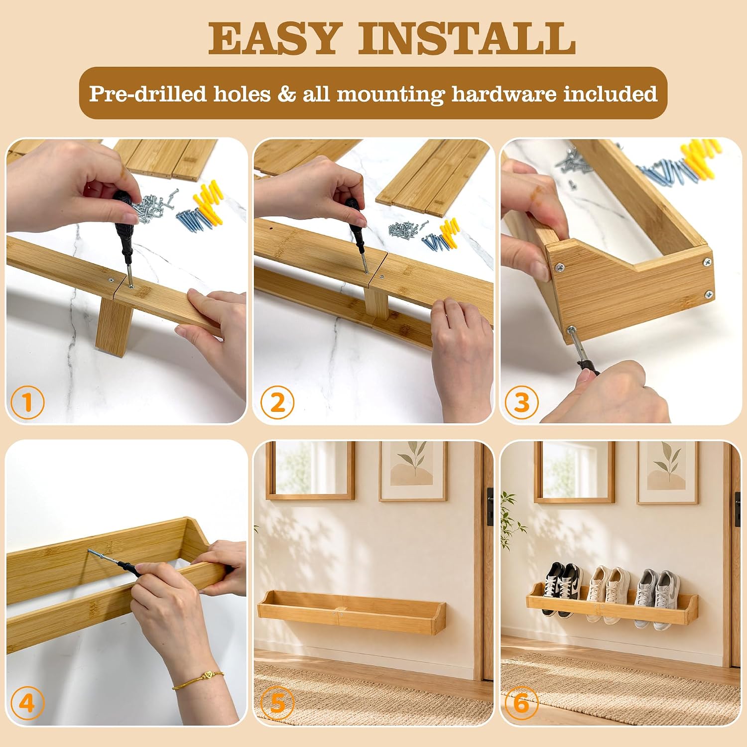 Wooden Shoe Rack Storage Organizer Floating Shoe Shelves Holds 3 Pairs image 5