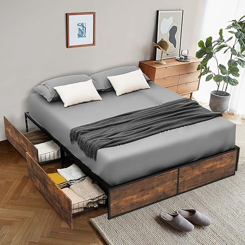 Giantex Marco de cama de metal con 4 cajones estribo de madera y agujeros reservados para cabecero plataforma resistente base de cama base de