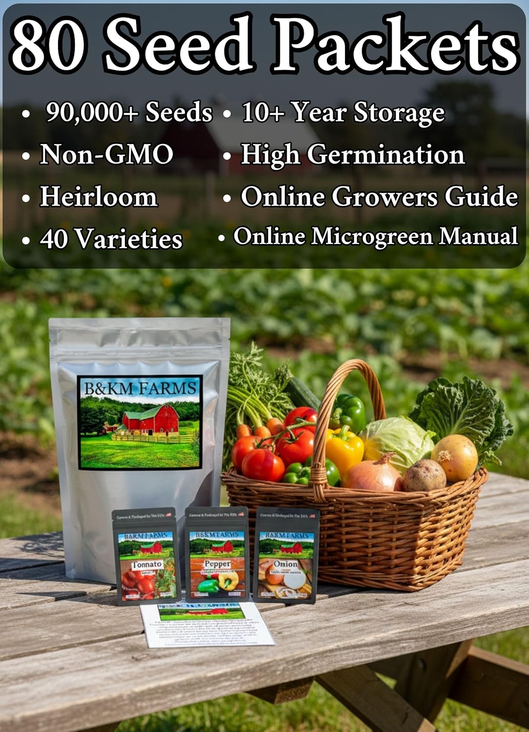 B&KM Farms Vegetable & Herb Seed Collection - 40 Varieties, 80 Packets, 90,000+ Heirloom Non-GMO Seeds, Resealable Storage Packaging (80 Pack: The Ultimate Survival Vault)
