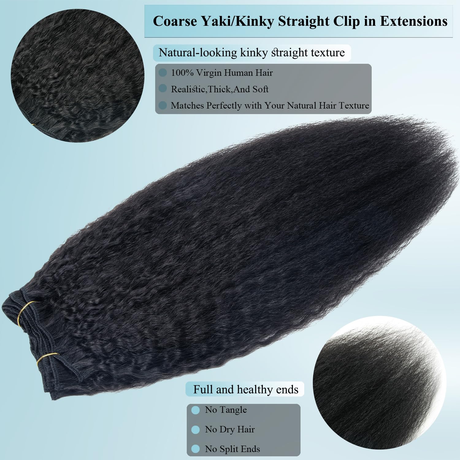 Jet Black Kinky Straight Clip in Hair Extensions Real Human Hair 22 Inch 100g/8pcs Double Weft 10A Brazilian Yaki Straight Clip ins for Black Women 100% Virgin Human Hair Clip in Extensions
