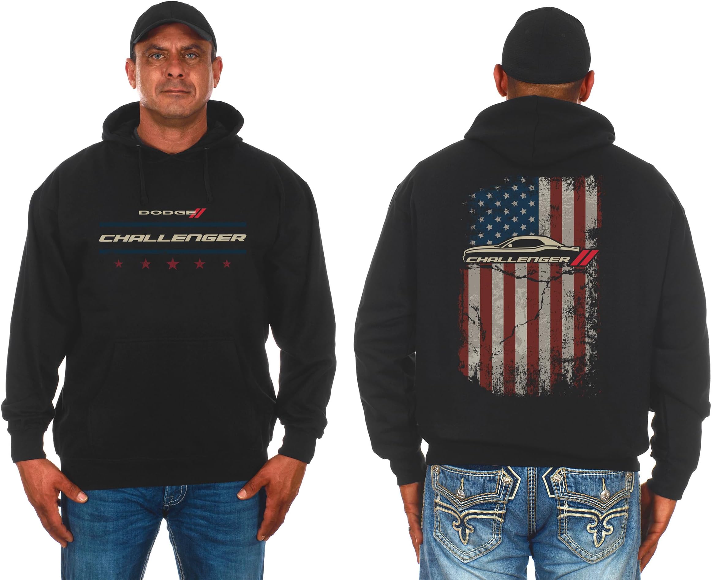 Men's Dodge Challenger Pullover Hoodie American Flag 2 Sided Sweatshirt