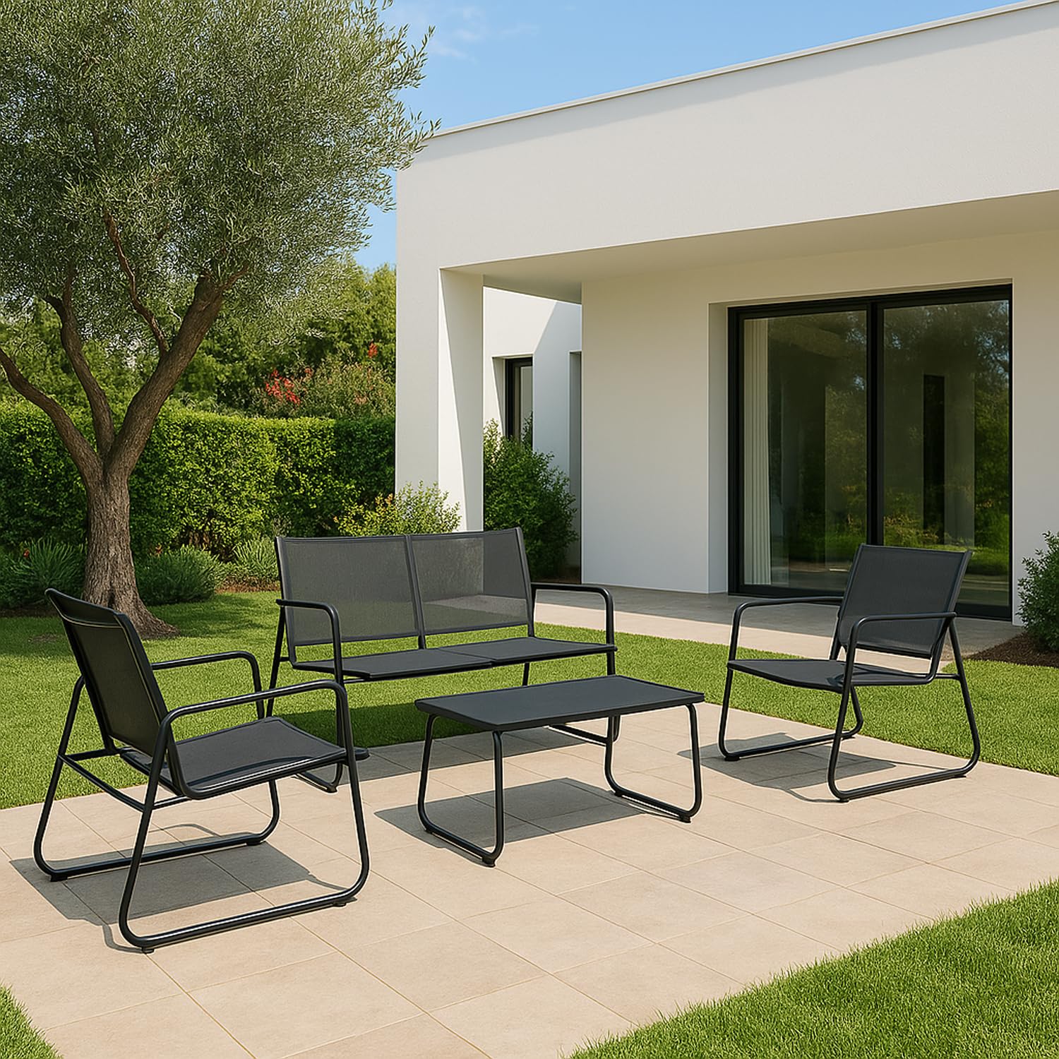 Bizzotto Set Salotto da Giardino Gonzalo, 4 Pezzi, Divano, 2 Poltrone e Tavolino, Struttura in Metallo, Tessuto Mesh, Antracite