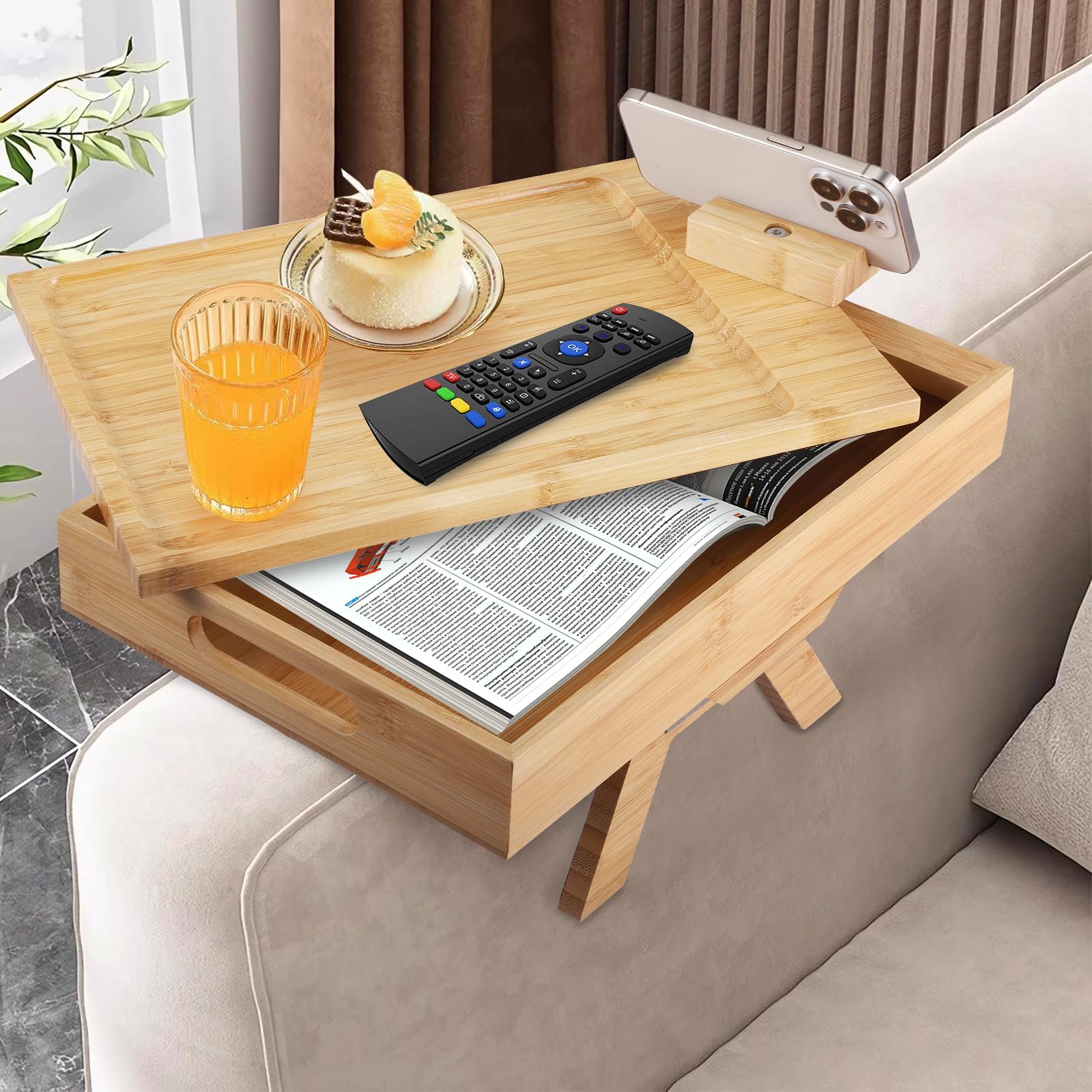 ExKeen Sofa Arm Tray Table with 360 Rotating Phone Bracket, Two-Tier Clip On Tray Sofa Table,Non-Slippery Wooden Sofa Tray for Magazine, Remote, Drinks & Snacks, Foldable Sofa Table for TV Dinners