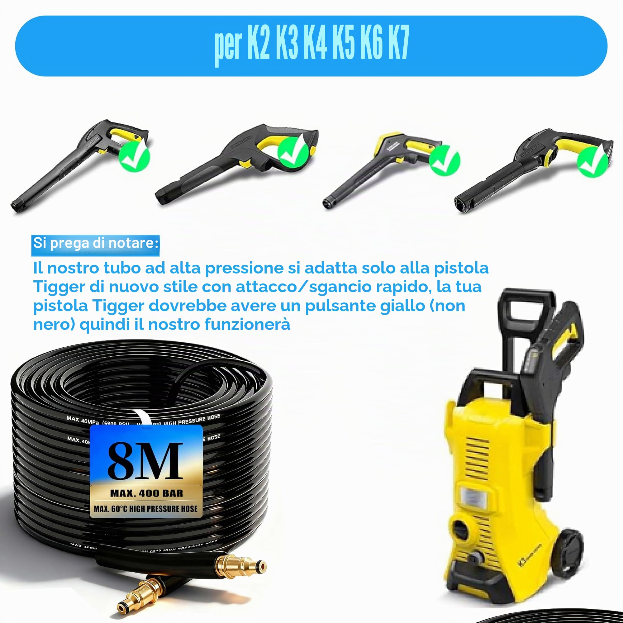 Tubo ad alta pressione da 8 m per Kärcher K2 K3 K4 K5 K7, 400 Bar (5800 PSI) con sistema Quick-Connect-Click, pratico tubo di prolunga e di ricambio con cinghia di immagazzinaggio