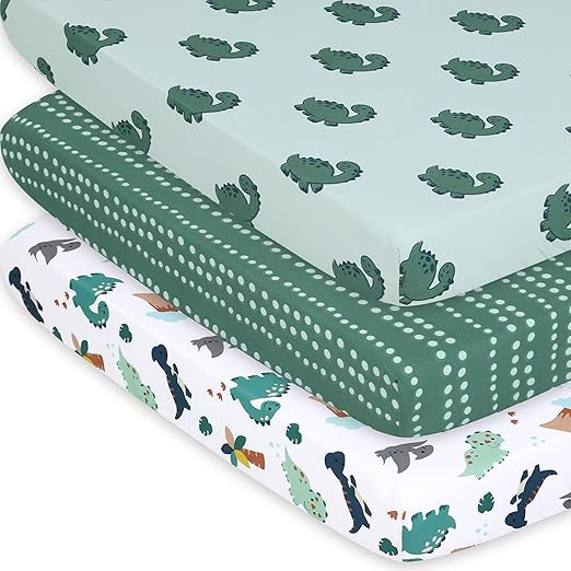 The Peanutshell 3-Pack Fitted Playard Sheets - Soft & Breathable Baby Boy Mini Crib Sheets, Pack N Play Mattress, Fits Standard Playard Pack Play Mattresses - Green Dino