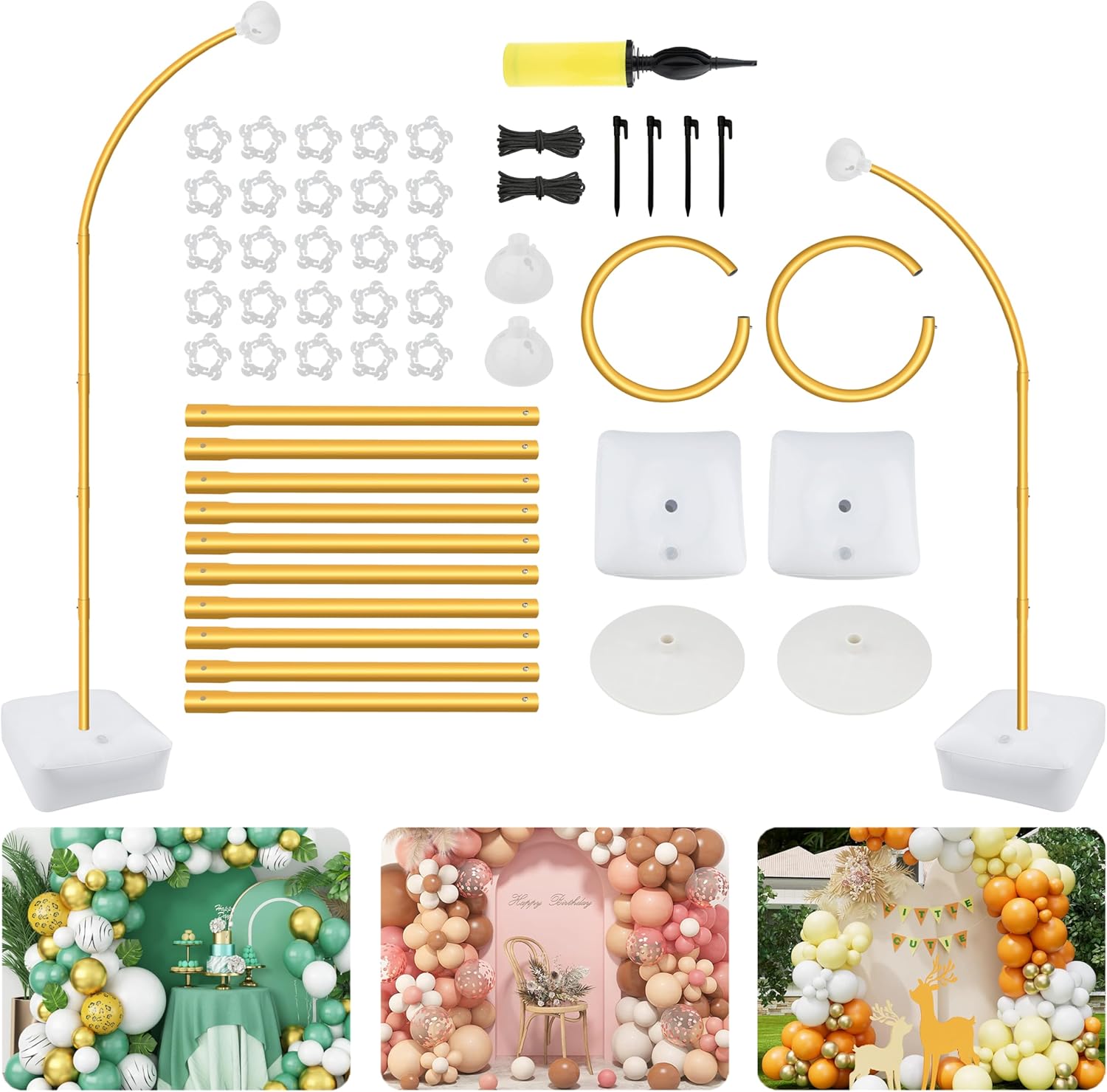 balloon arch stand kit 8.3ft & 6.4ft - free bending top half arch stand with heavy base, extra-long balloon frame for floor/wall decor, birthday wedding party backdrop golden