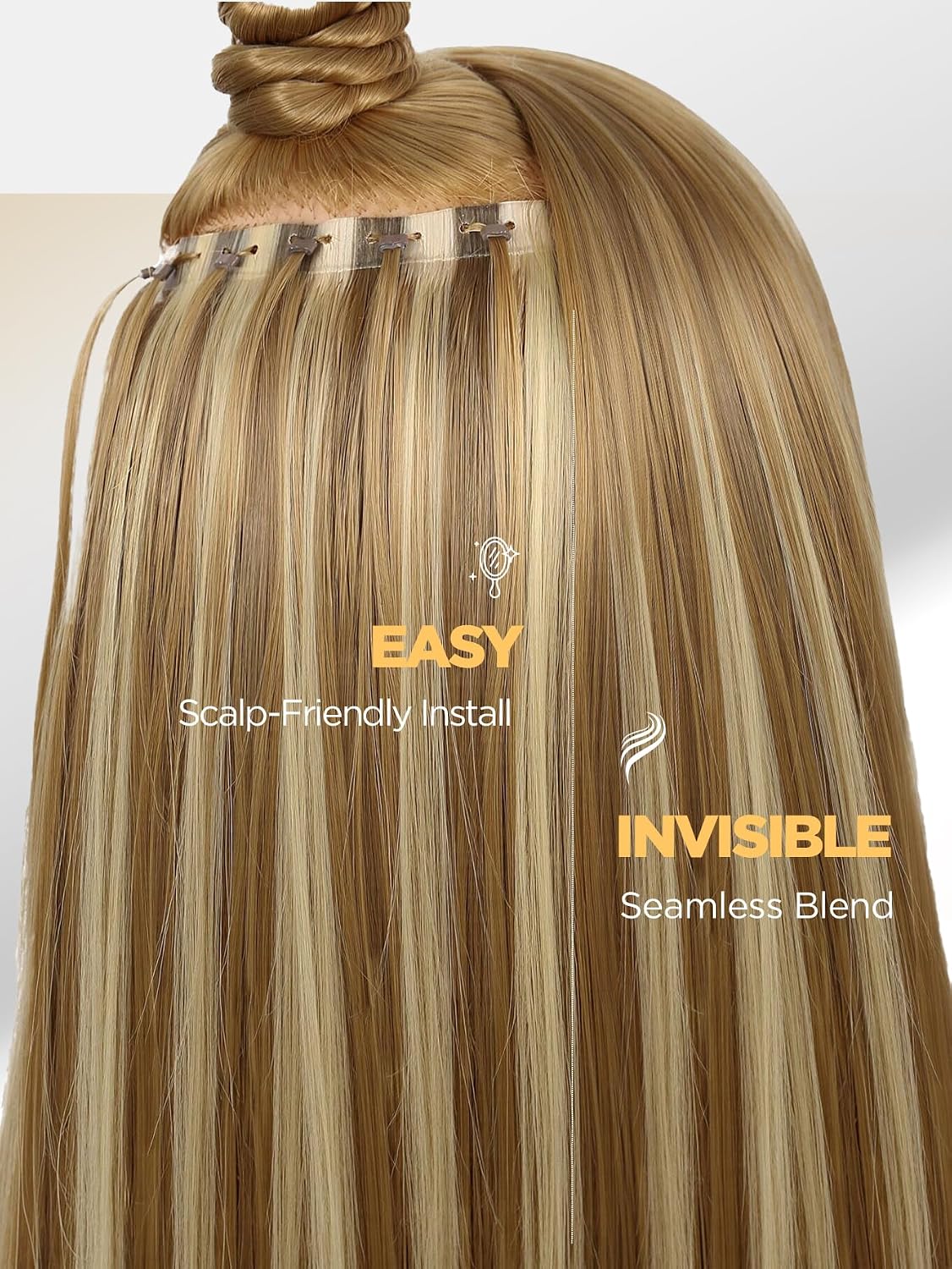 FANCEE OVO Hair Extensions Real Human Hair 100g PU Holes Wefts with Micro Beads Blonde Highlight Volume Upgrade Butterfly Seamless Weft Invisible Beaded Hair Extension with Tools(9A/613 18Inch)
