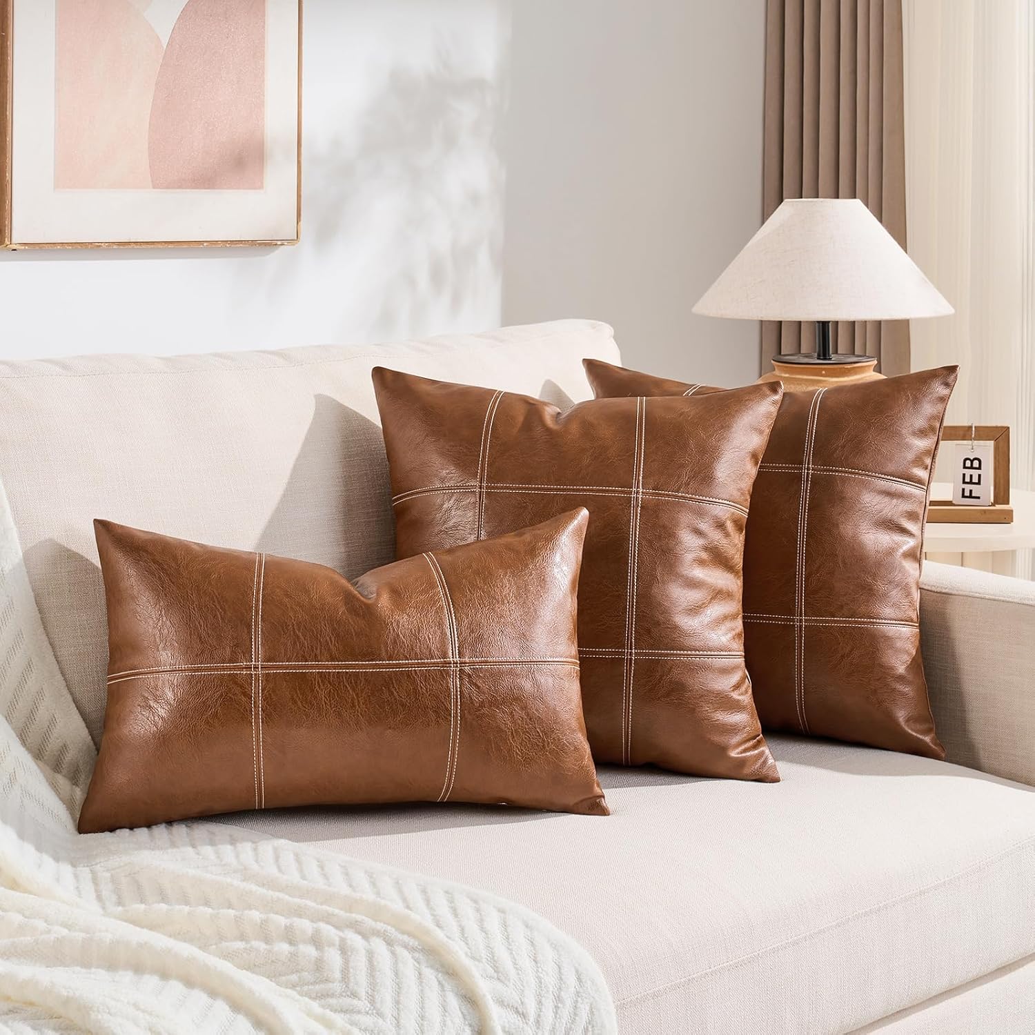 Fancy Homi 2 Packs Boho Brown Waterproof Faux Leather Decorative Throw Pillow Covers 18x18 Inch for Couch Bed Sofa, Modern Farmhouse Home Decor, Hand Stitched Accent Square Cushion Case 45x45 cm - Image 6