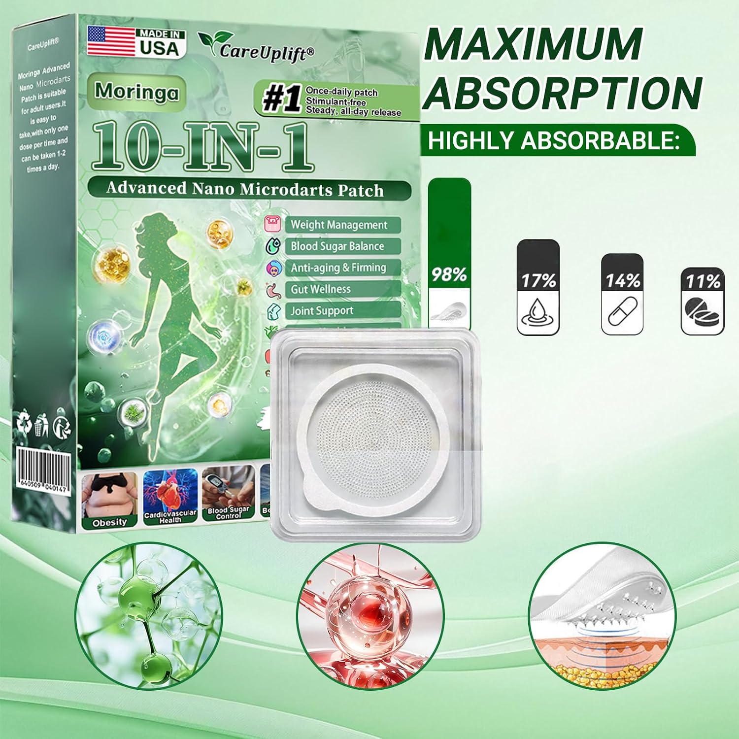 CareUplift Moringa Berberine X Nad Patches, Professional Moringa 10-in-1 Nano Microdarts Patch, Natural Moringa Berberine Patches for Women and Men, Suitable for All Skin Types (3 Boxes)