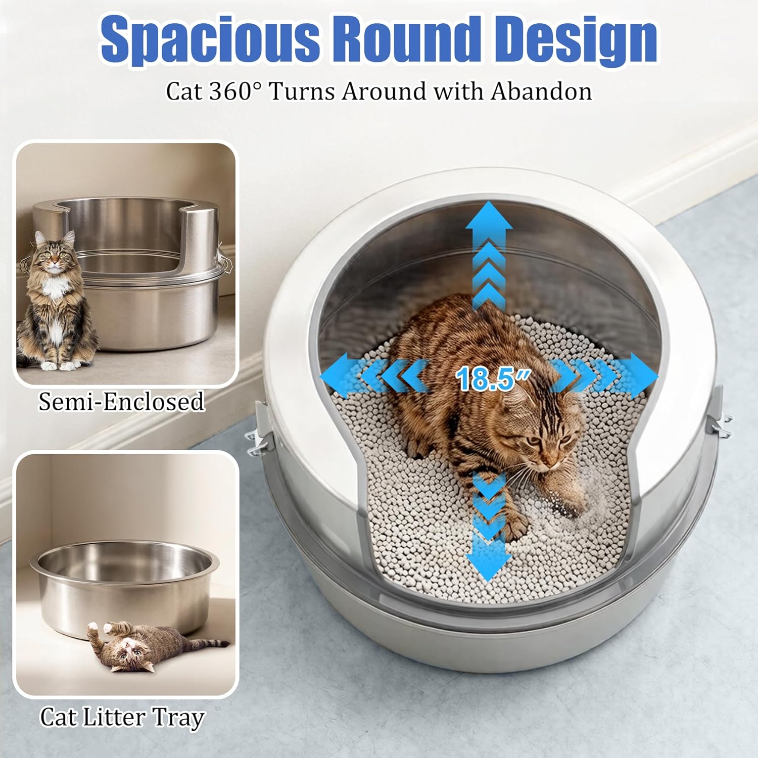 Stainless Steel Cat Litter Box with Lid, Extra Large 11.8" High Side Round Metal Litter Pan with Litter Scoop & Litter Box Step, Durable, Odor Control, Easy Clean for XL Big Cats & Multi-Kitty