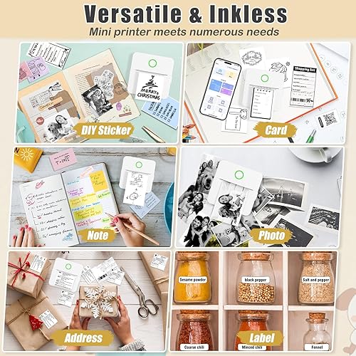 Vista 19 de Mini impresora de calcomanías, mini impresora térmica de bolsillo con 11 rollos de papel, impresora Bluetooth sin tinta compatible con Android e