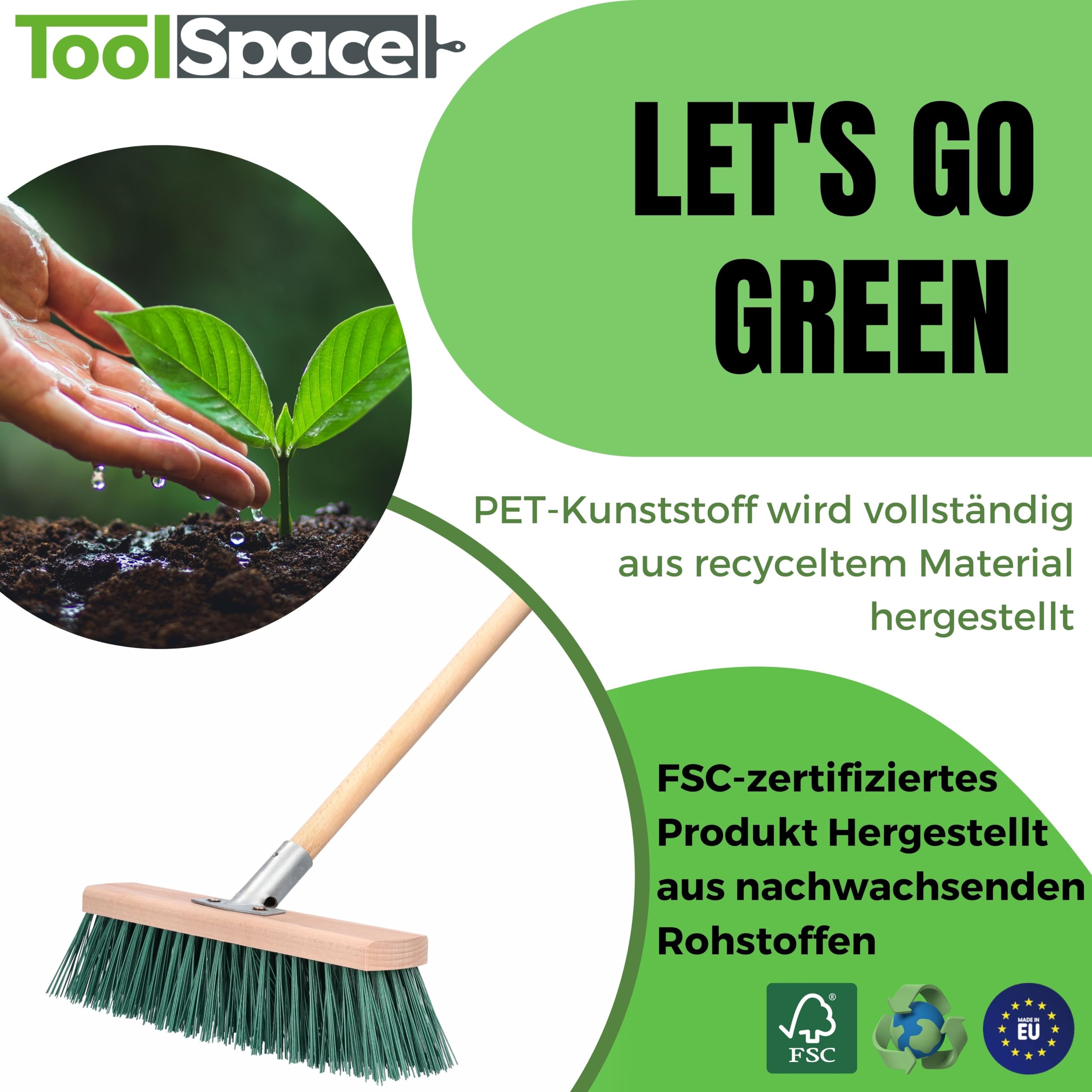 ToolSpace Straßenbesen 60 cm - 2 Stück - Holz Kehrbesen für den Terrasse, Garage, Pflaster, die Wege, PET Borsten Industriebesen mit Stielloch Schrubber ohne Stiel Saalbesen Gartenbesen Großraumbesen