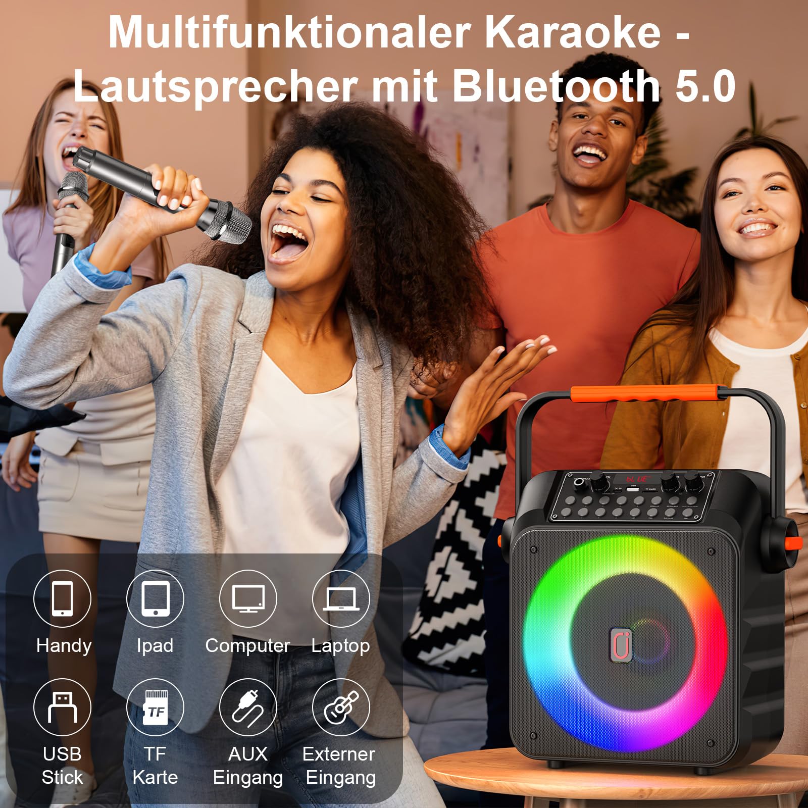 HWWR Karaoke Maschine mit 2 drahtlosen Mikrofones, Tragbaren Karaoke Anlage Lautsprecher mit RGB-Licht für Hausparty, PA-System für ErwachsenePartybox Unterstützt,TWS