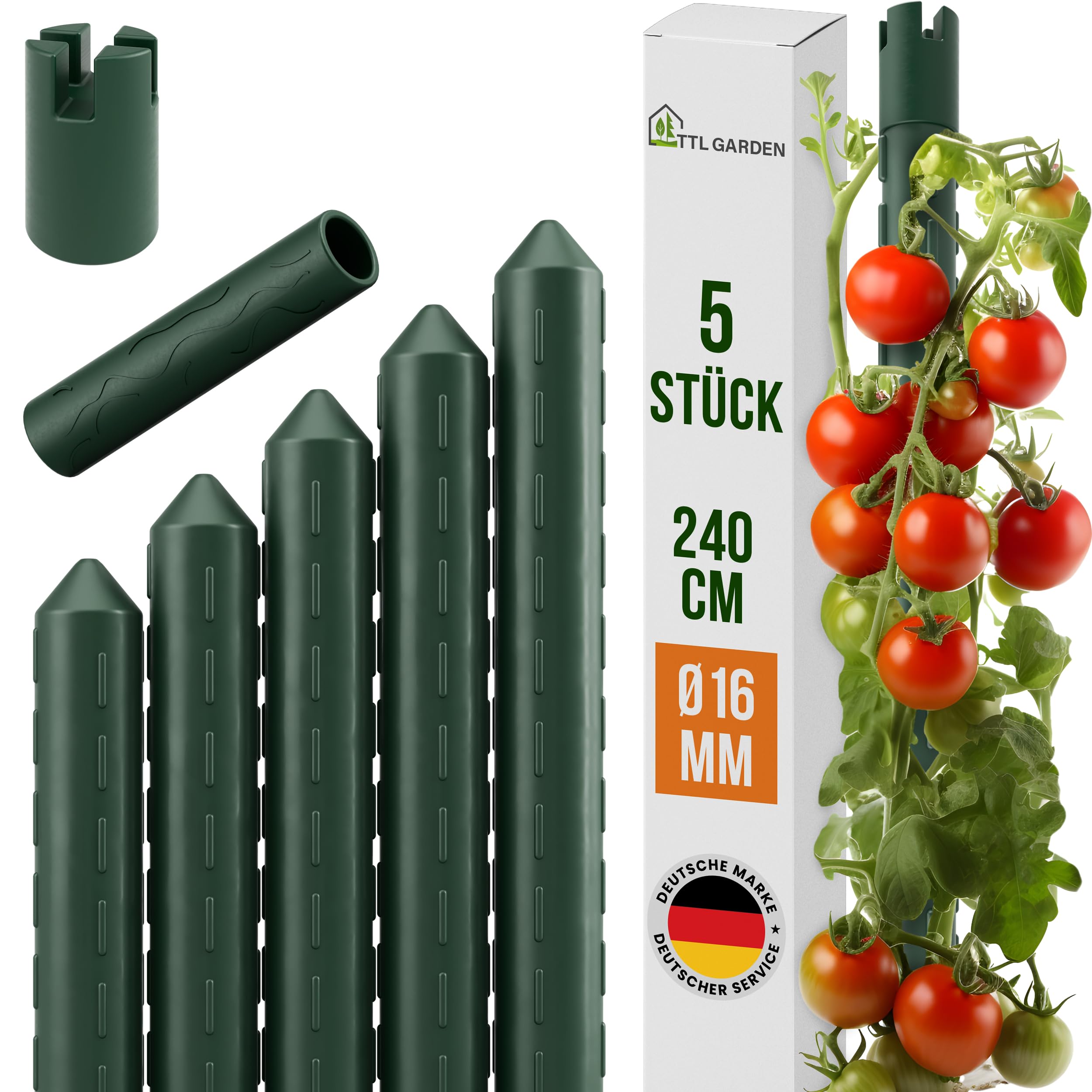 TTL GARDEN Rankstäbe 5er Set 240cm x 16mm Ø grün - extra stabil & rostfrei | 16 mm Rankhilfe Pflanzstäbe Stahl kunststoffbeschichtet Pflanzenstütze Blumenstütze - Tomaten Paprika Gurken Bohnen & Blumen