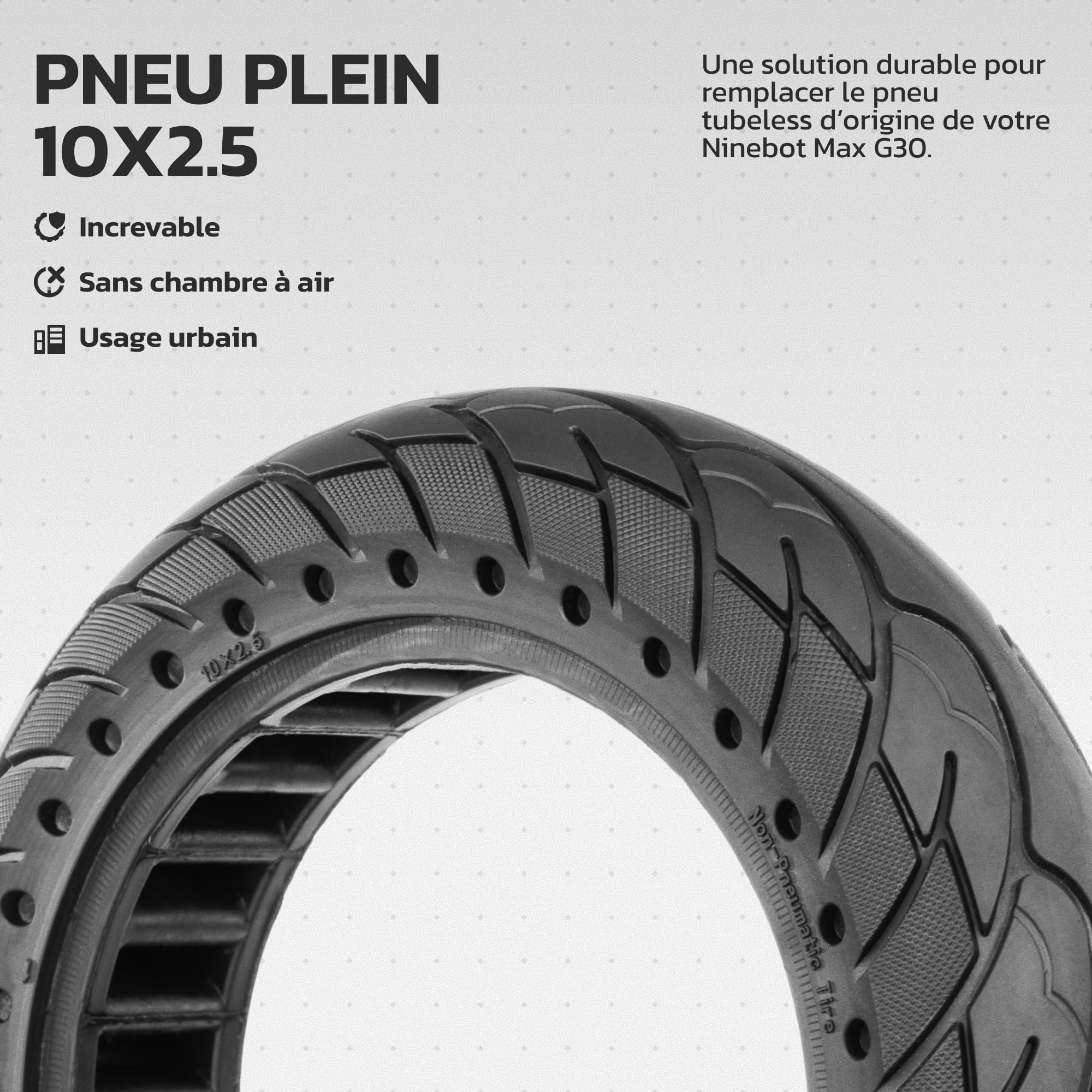 MOOVMOOV Pneu Plein 10x2.5 compatible avec Trottinette Ninebot Max G30 - Remplace Pneu Tubeless 60/70-6.5 - 10 pouces Anti-Crevaison