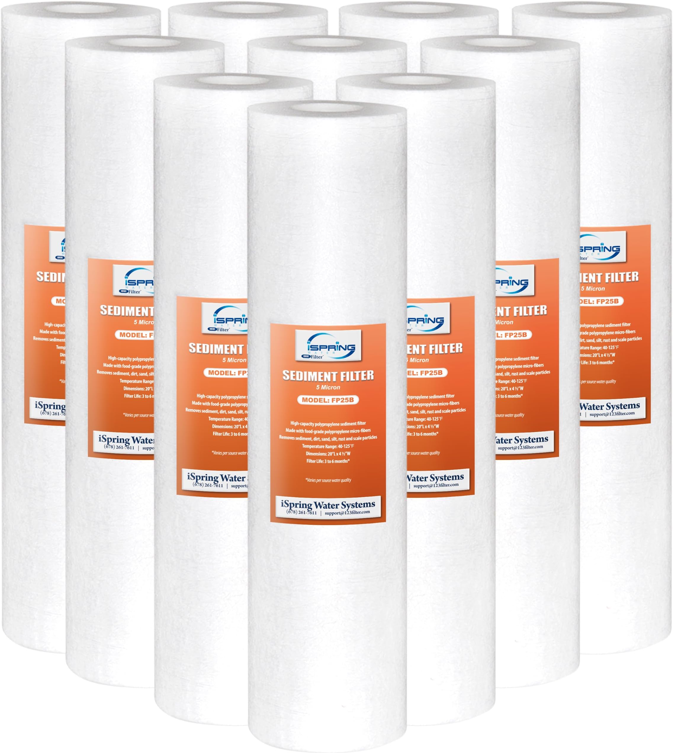iSpring FP25BX10 20インチ x 4.5インチ 5ミクロン ユニバーサル堆積物フィルターカートリッジ 多層グラデーションデザイン (10パック) ホワイト