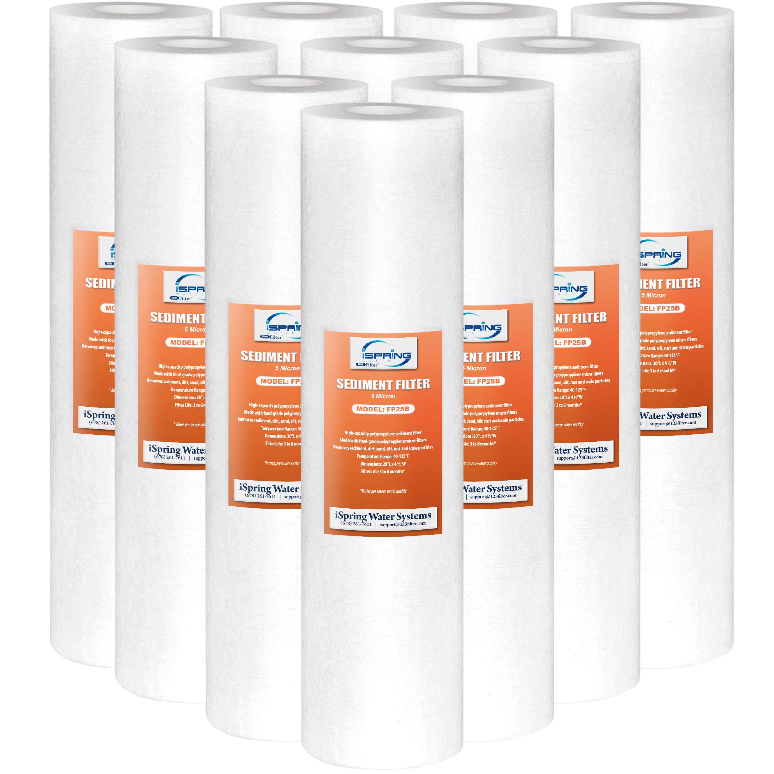 iSpringFP25BX10 20"x4.5" Universal Sediment Filter Cartridges, Multi-Layer Gradient Design, NSF Certified, Pack-10, White, 20 x 4.5 Inch-5 Micron / 10 Pack