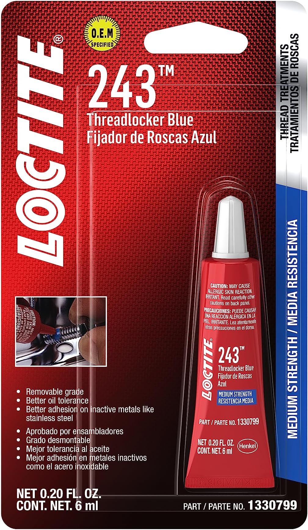 243 Threadlocker for Automotive: Medium-Strength, Oil Tolerant, High-Temperature, Anaerobic, General Purpose | Blue, 6 ml Red Tube (PN: 1330799)
