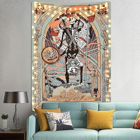 Amazon Co Jp スカルタペストリー タロットカードタペストリー 中世ヨーロッパスケルトンタペストリー 壁掛け 部屋用 51 2 X 59 1インチ ホーム キッチン