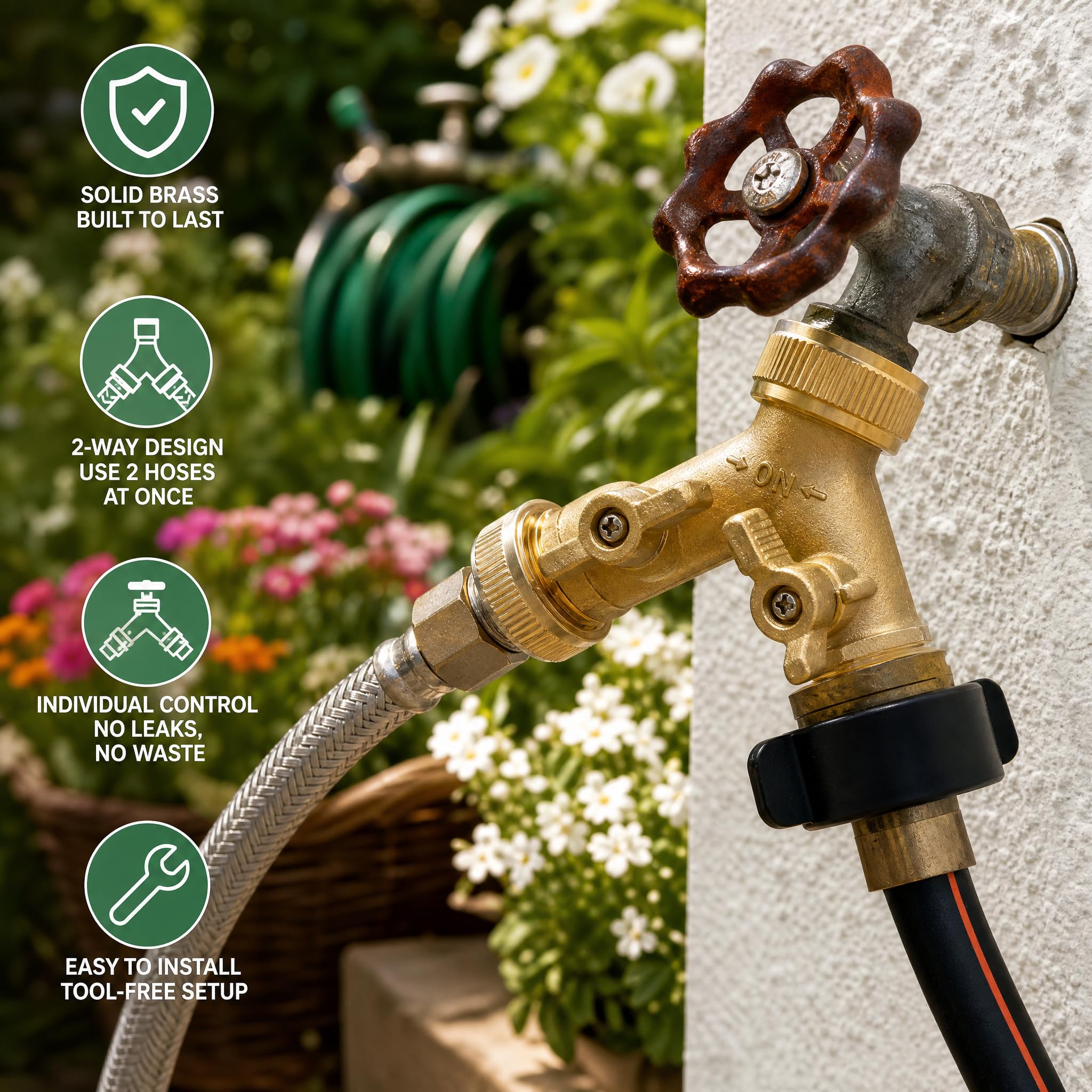 Brass Garden Hose Splitter - 2 Way with Valves -5 Brass Garden Hose Splitter - 2 Way with Valves -5