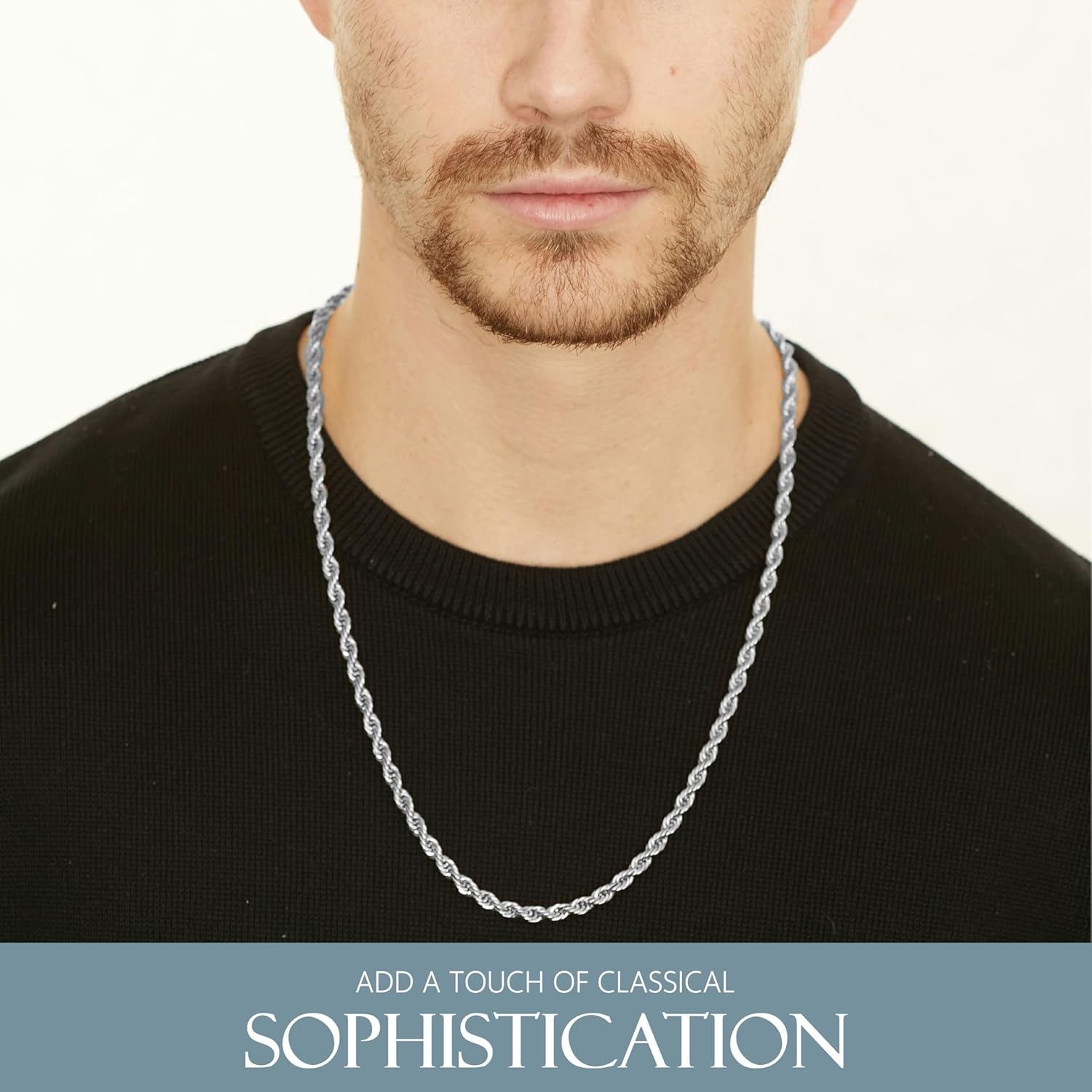 KISPER 24k White Gold Rope Chain Necklace – Thick 5mm White Gold Plated Stainless Steel Jewelry for Men & Women with Lobster Clasp - Image 2