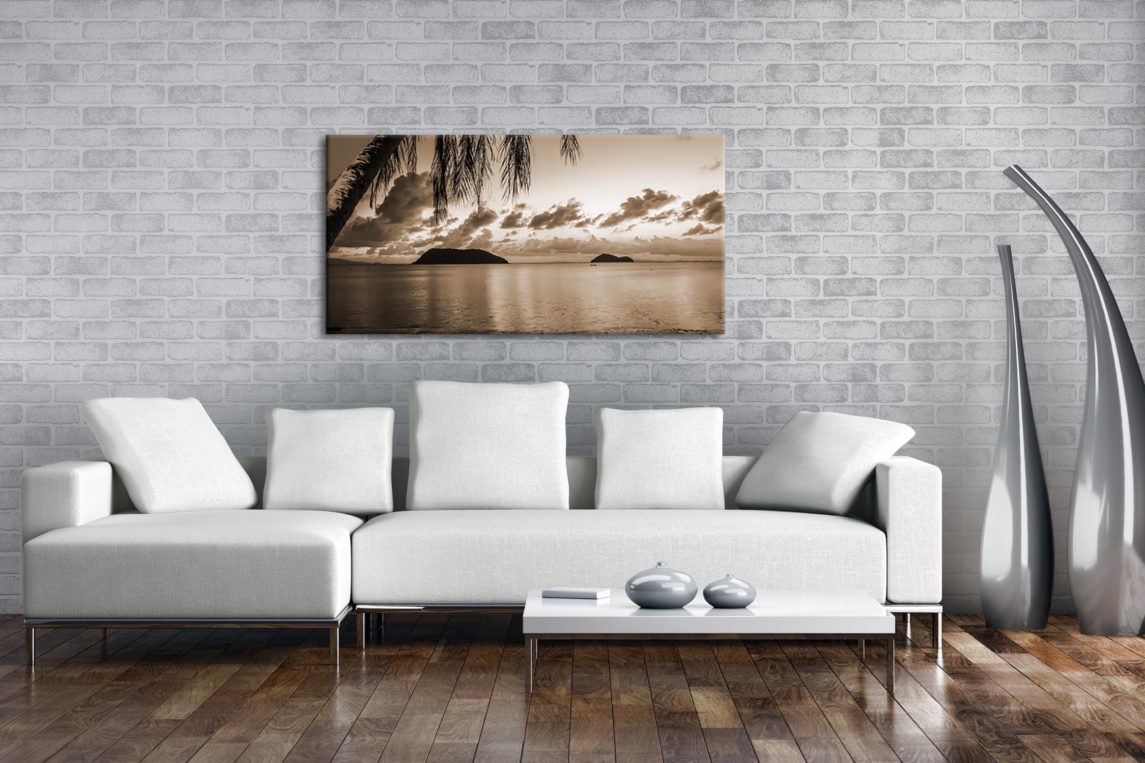 wundervoller Sonnenuntergang am Strand mit Palmen Panorama 100x50 cm Effekt: Sepia als Leinwandbild, Motiv fertig gerahmt auf Echtholzrahmen, Hochwertiger Digitaldruck mit Rahmen