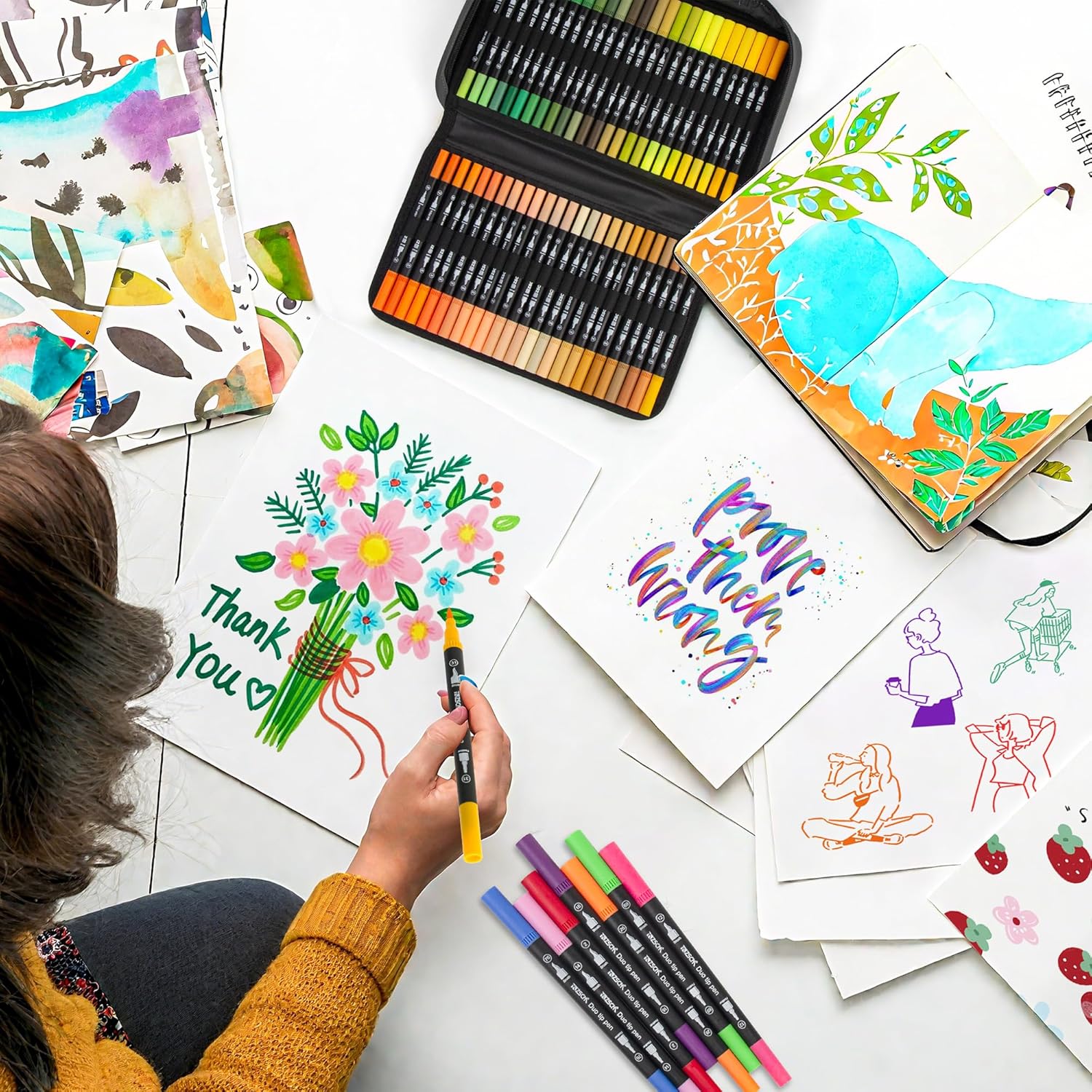 200 Colors Markers for Adult Coloring Books No Bleeding - Duo Tip Art Pens, Fine & Brush Coloring Marker for Adult Calligraphy, Illustration, Cards Drawing, Note taking Lettering, Journaling - Image 4