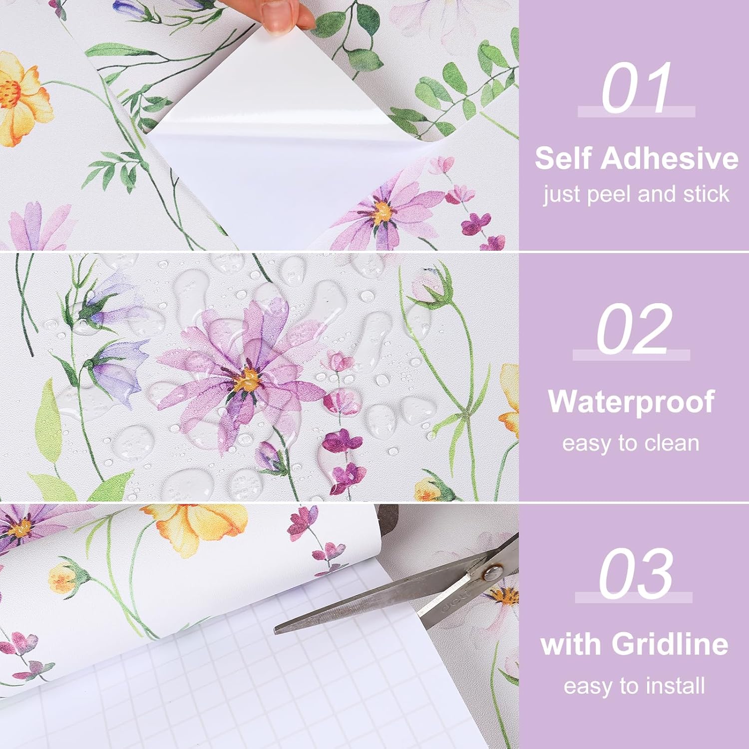 Floral Wallpaper Peel and Stick Purple Pink Daisy Wildflowers Wall Paper Vinyl Roll for Bedroom Living Room Nursery Removable Sticky Botanical Floral Contact Paper for Cabinet 12"x118"