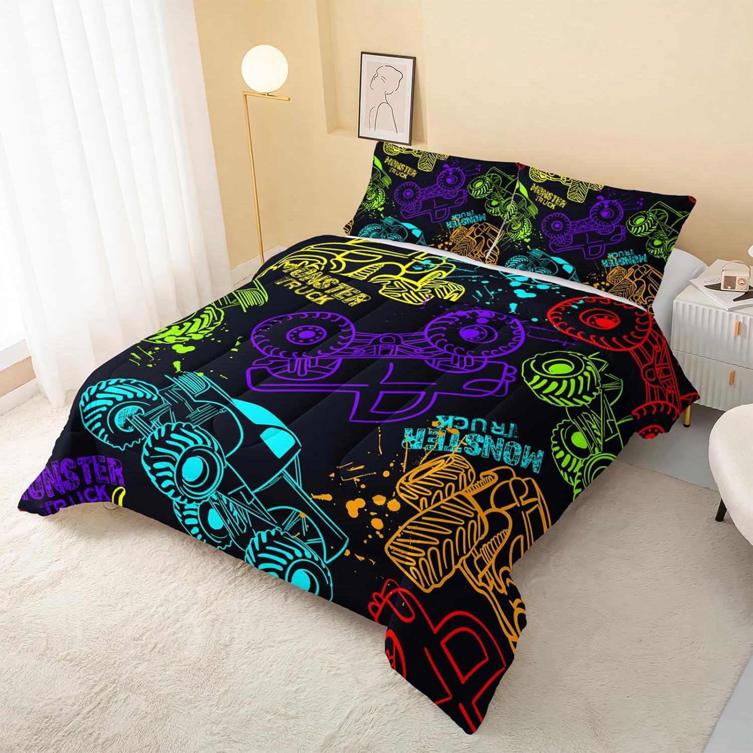 QOOMO Truck Comforter Set for Kids Teens Boys,Neon Truck Kids Bedding,1 Comforter with 2 Pillowcase, Microfiber 3 Piece Bedding Set,Soft and Lightweight(Black，Twin Size) - Image 3