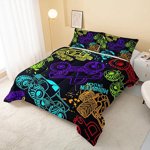 Miniatura 3 de QOOMO Juego de edredón de camión para niños, adolescentes y niños, edredón de neón con 2 fundas de almohada, juego de ropa de cama de microfibra de