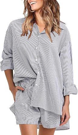 EXLURA Women's Summer 2 Piece Sets Long Sleeve Button Down Shirts Matching Short Sets Beach Vacation Cruise Outfits 2026