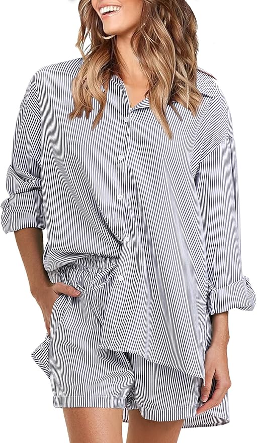Two Piece Button Down Shirt Mini Shorts Sets
