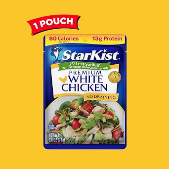 StarKist 25% Less Sodium Premium White Chicken, 2.6oz Pouch, 1-Pack | 13g Protein Per Serving, Fully Cooked White Meat, Gluten Free, No Draining, Ready to Eat for Salad and Sandwiches