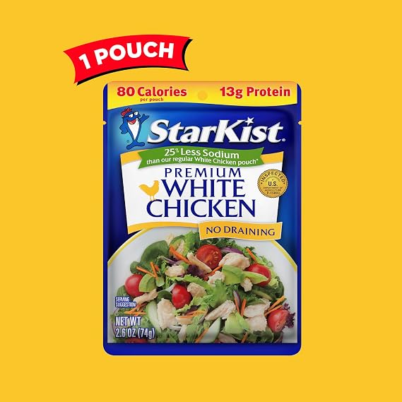 StarKist 25% Less Sodium Premium White Chicken, 2.6oz Pouch, 1-Pack | 13g Protein Per Serving, Fully Cooked White Meat, Gluten Free, No Draining, Ready to Eat for Salad and Sandwiches